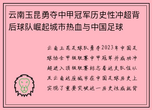 云南玉昆勇夺中甲冠军历史性冲超背后球队崛起城市热血与中国足球