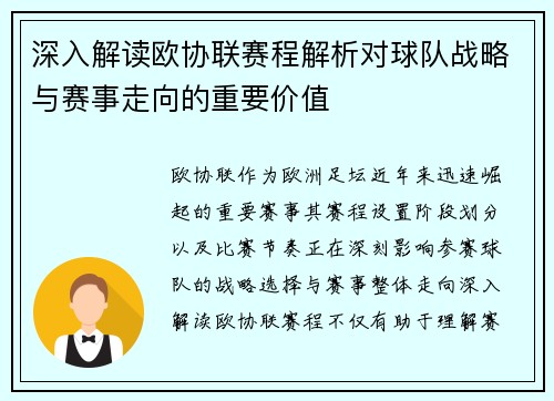 深入解读欧协联赛程解析对球队战略与赛事走向的重要价值