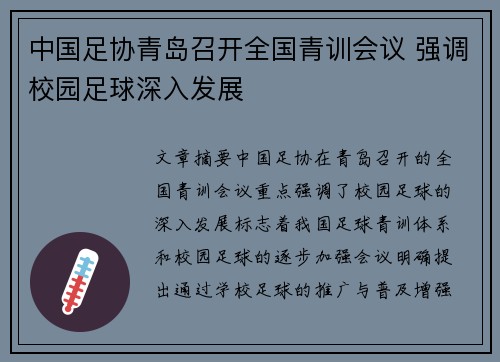 中国足协青岛召开全国青训会议 强调校园足球深入发展 中国足协青岛召开全国青训会议 强调校园足球深入发展